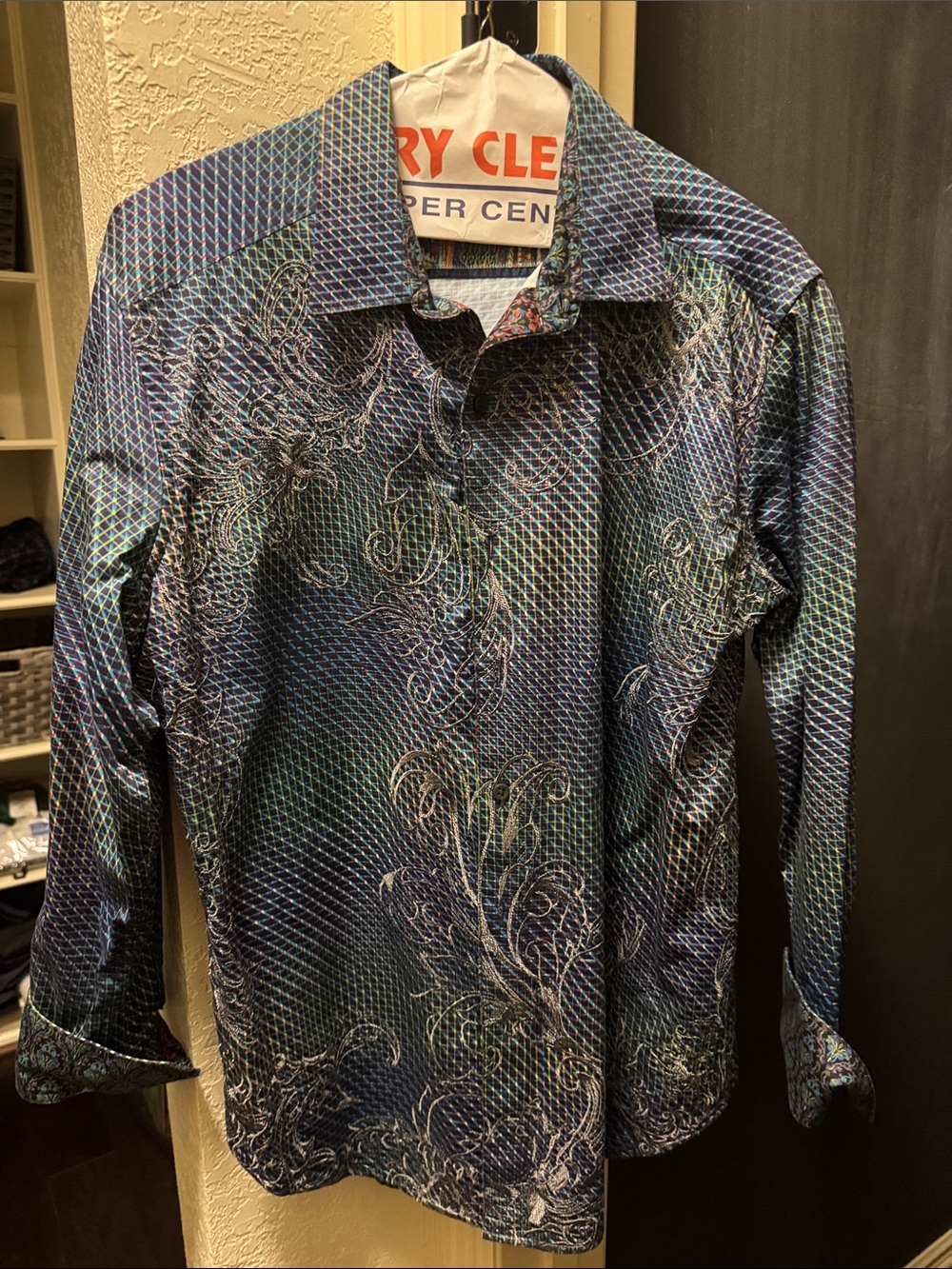 Robert Graham Navy Teal Patterned Long-Sleeve Dress Shirt